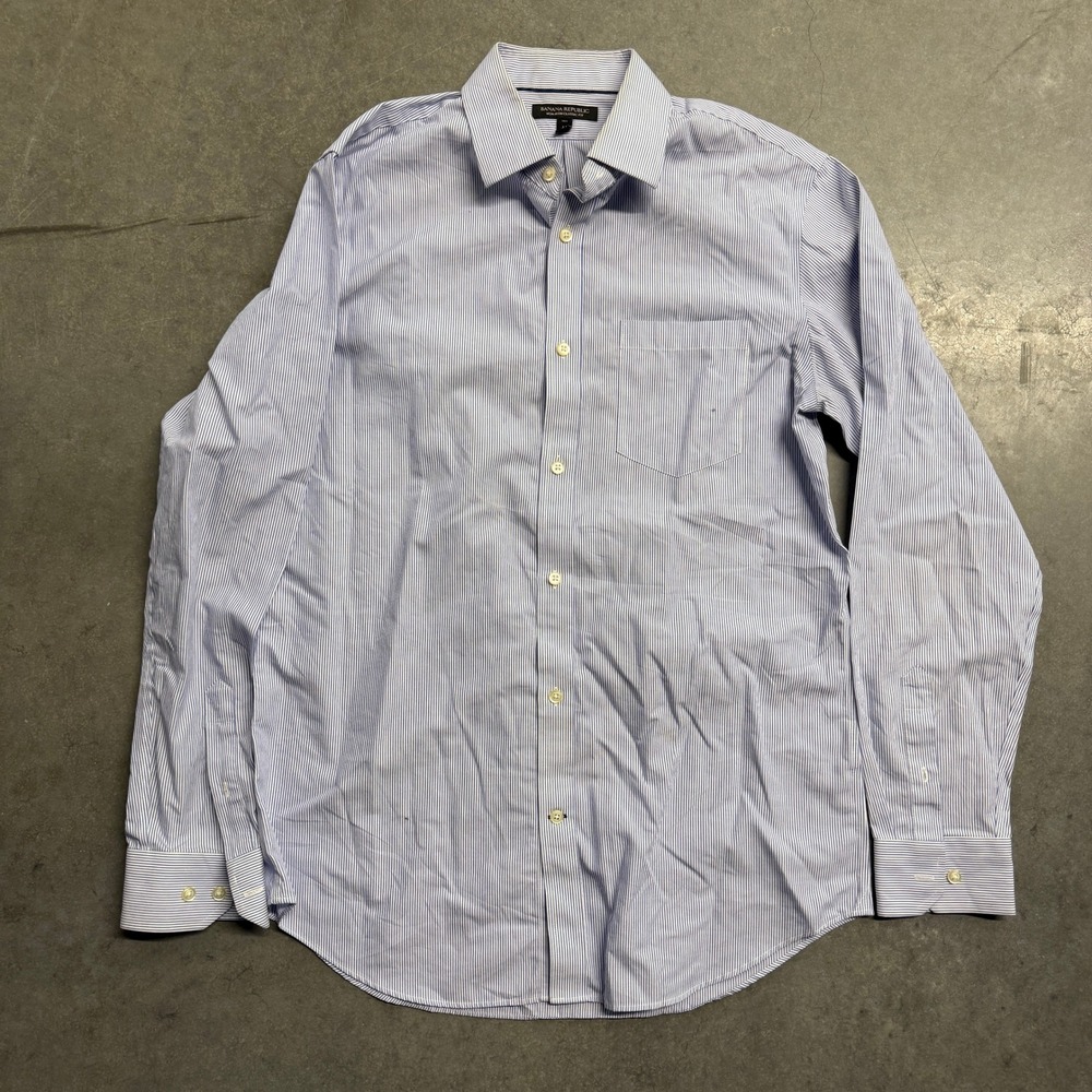 Banana Republic Mens Blue White Striped Non-Iron Classic Fit Shirt Medium Tall